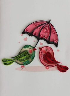 two colorful birds with umbrellas on a white background, one is pink and the other is green