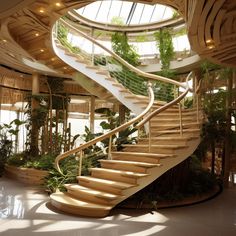 there is a spiral staircase in the middle of this building with plants growing on it