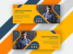 two yellow and blue business banners with an image of a man on the phone in front of