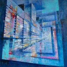 an abstract painting with blue and red colors on the bottom, in front of a cityscape