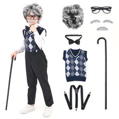 a doll dressed up as an old man with grey hair and glasses holding a cane