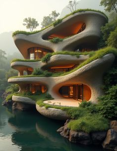 an unusual building with grass growing on the roof and sides next to a body of water