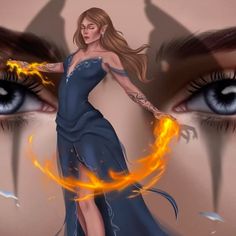 a woman in a blue dress with fire coming out of her eyes