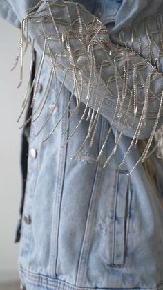 Denim Boho Jacket, Bedazzled Denim Jacket Diy, Rhinestone Top Outfit Ideas, Unique Denim Jeans, Theme For Fashion Design Collection, Denim Jacket Custom Ideas, Beaded Denim Jacket, Beaded Jacket Outfit, Mrs Jean Jacket Wedding