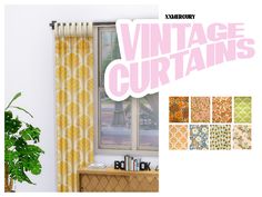 an image of vintage curtains in various colors and patterns on the window sill next to a potted plant