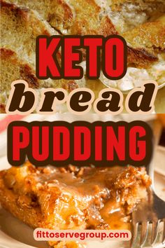 keto bread pudding on a white plate with a fork and text overlay reads keto bread pudding