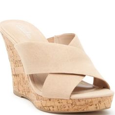 True To Size. Size: 9m Color: Nude Details & Care Wide Crisscrossing Straps Lend Visual Appeal To A Chic Sandal Set On A Cork Wedge Platform Heel. 4" Heel, 3/4" Platform Open Toe Slip-On Synthetic Upper, Lining And Sole Imported Item #6358753 Block Sandals, Wedge Mules, Womens Mary Janes, Chic Sandals, Cork Wedges Sandals, Womens Sandals Wedges, Charles David, Black Wedges, Suede Wedges