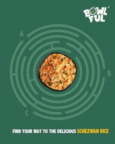 a pizza sitting on top of a green cover with the words, find your way to the delicious sheeshan rice