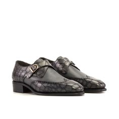 Men's Single Monk Strap Wingtips in Grey Croco Printed Calf with Chisel Toe Luxury Modern Monk Strap Shoes With Round Toe, Luxury Pointed Toe Monk Strap Shoes For Office, Luxury Masculine Cap Toe Monk Strap Shoes, Staple Shoes, Narrow Waist, High End Shoes, Botas Chelsea, Bespoke Shoes, Fine Print