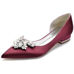 Shop Burgundy Rhinestones Pointy Toe Satin Flats Side Cut Jeweled Dress Shoes color Burgundy for Dancing Club, Date, Travel, Wedding, Work with worldwide Free shipping & Free return. Elegant Flat Wedding Shoes With Rhinestones, Elegant Flat Wedding Shoes For Evening, Elegant Flat Shoe Clips For Party, Embellished Shoe Clips For Prom, Embellished Heels For Wedding Guest, Jeweled Dress, Dancing Club, Jeweled Flats, Embellished Shoes