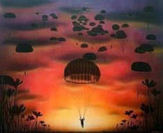 a painting of a person parachuting in the sky with many clouds and plants