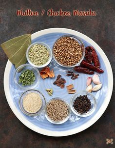 an assortment of spices on a plate with the words mutton / chicken masala