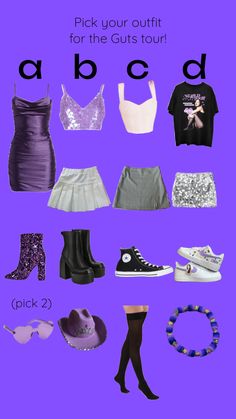 an image of various clothes and accessories on a purple background