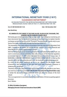 an international monetary fund letter is shown in this image, it appears to be written on the