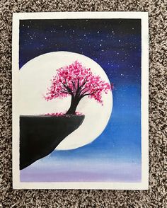 a painting of a tree on top of a hill with the moon in the background