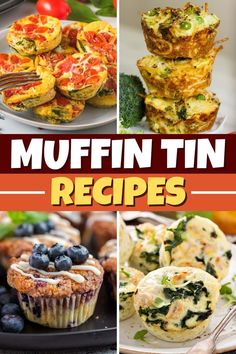 muffin tin recipe collage with images of muffins, blueberries and spinach