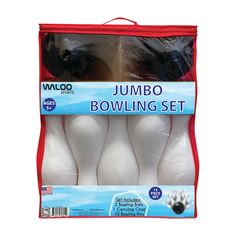 the jumbo bowling set is packaged in a red bag and includes four white balls