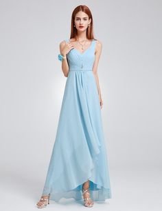 V-Neck High-Low Evening Dress | Ever-Pretty  #bridesmaid #bridesmaiddress #weddingidea #weddinginspiration #weddingideas #wedding2018  #wedding2019 #bride2018 #bridalparty #bluedress #highlowdress #vneckdress Summer V-neck Dress With Sweep Train, Elegant V-neck High Low Party Dress, Chiffon V-neck Evening Dress For Prom, Elegant V-neck High Low Dress For Party, Elegant High Low V-neck Dress For Party, V-neck Chiffon Evening Dress For Prom, Chiffon V-neck Evening Dress For Prom Season, Prom Season Chiffon Maxi Evening Dress, Chiffon High-low Hem Party Dress