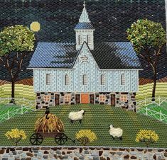 a cross stitch picture of a church with chickens in the grass and trees around it