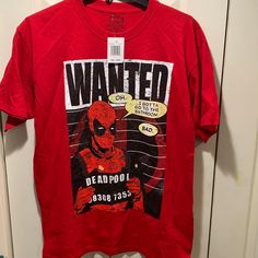 Marvel Deadpool T-Shirt Size Large Nwt Red With Deadpool On The Front 100% Cotton Red Graphic Tee With Front Print, Red Crew Neck Shirt With Front Print, Red T-shirt With Front Print For Fans, Red Fan Merchandise Top With Front Print, Red Front Print Top For Fan Merchandise, Deadpool Shirt, Deadpool T Shirt, Marvel Shirt, Marvel Deadpool