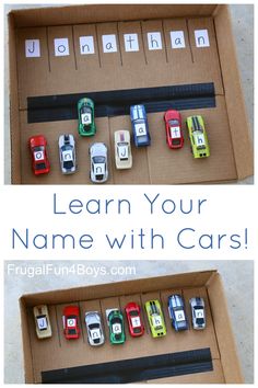 an open box with cars in it and the words learn your name with cars