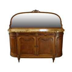 an antique wooden sideboard with marble top and mirror on the front, isolated against a white background