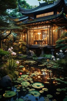 Traditional Oriental-Style Architecture House with a Large Garden Pond Asian Inspired Home Exterior, China House Traditional, Japanese Mansion Interior, Ancient Chinese House, Traditional Japanese Mansion, Traditional Japanese House Exterior, Chinese Architecture Traditional, Japanese Traditional House, Chinese Houses