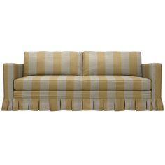 a tan and white striped couch with ruffles on the bottom, sitting in front of a white background