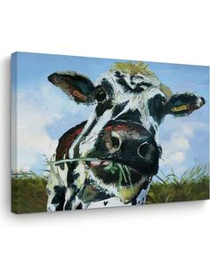 a painting of a black and white cow eating grass