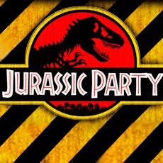 an image of a party sign with a dinosaur on the front and black and yellow stripes around it