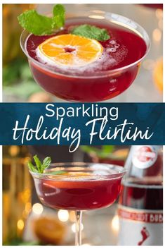 sparkling holiday martini with orange and mint garnish on the rim, served in coupe glasses