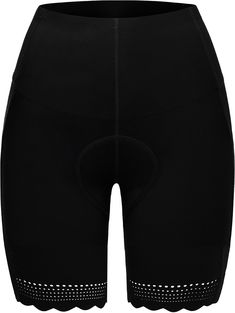 the back view of a woman's cycling shorts with scalloped sides and black fabric