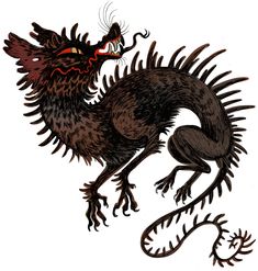 a drawing of a black dragon with red eyes and claws on it's back legs