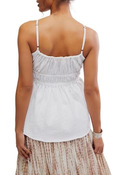 Made to wear everywhere, this timeless tank features a babydoll-inspired silhouette and soft cotton fabrication with a scoop-neckline and ruched bust detail.    Relaxed fit, hip-length style    100% Cotton    Machine Wash Cold Babydoll Tee, Mens Clothing Brands, Denim T Shirt, Denim Sweater, Shirt Accessories, Raw Edge, Scoop Neckline, Jumpsuit Dress, Woven Fabric