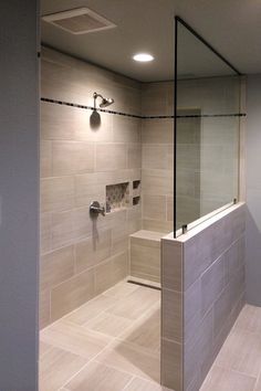 a walk in shower sitting inside of a bathroom