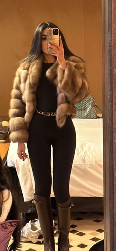 When To Wear Hair Up Or Down Outfit, Fur Coat And Boots Outfit, Dinner Fits Winter, Dinner Outfit Rainy Night, Fur Coat With Jeans, Black On Black Outfits Classy, Holiday Winter Outfits, Outfit With Fur Coat, Boxing Match Outfit Ideas Women