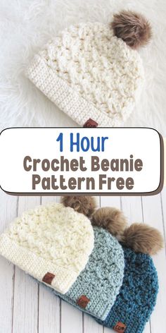 crochet beanie pattern with text that reads, 1 hour crochet beanie pattern free