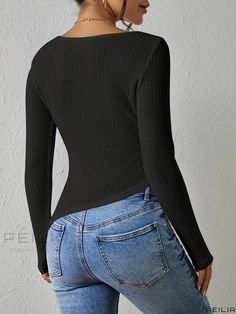 Peilia - Asymmetrical Drawstring T-shirt - Stylish Crew Neck, Long Sleeve - Womens Casual Wear Trendy Top With Asymmetrical Hem, Trendy Asymmetrical Stretch T-shirt, Casual Asymmetrical Top For Fall, Casual Asymmetrical Solid Color Top, Casual Asymmetrical Solid Tops, Casual Asymmetrical Stretch Tops, Casual Asymmetrical Top, Solid Asymmetrical Hem Top For Layering, Solid Top With Asymmetrical Hem