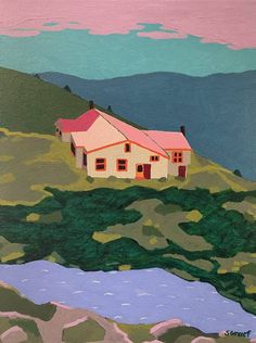 a painting of a house sitting on top of a hill next to a body of water