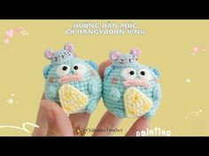 two small crocheted animals are held in their hands