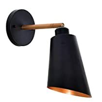 a black wall light with a wooden arm