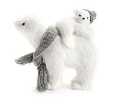 a stuffed polar bear with a scarf around it's neck, on a white background