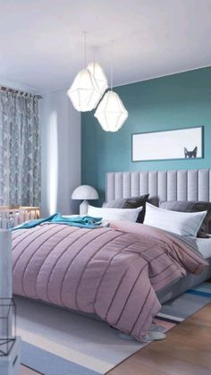 a bedroom with blue walls and wooden floors