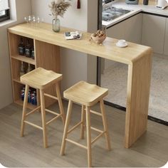 two stools are sitting at the counter in this kitchen