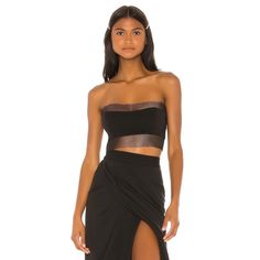 Self: 97% Poly, 3% Spandex Lining: 100% Poly Dry Clean Only Crepe And Netted Fabric Back Hook And Eye Closure Made In Usa Measurements Pit To Pit: 14 In Length: 7 In No Flaws. Never Worn. Excellent Condition. Tags Still Attached! Bandeau Crop Top With Built-in Bra For Club, Black Cropped Tube Top With Built-in Bra, Evening Bandeau Crop Top With Built-in Bra, Seamless Stretch Tube Top For Party, Chic Strapless Crop Top For Club, Bandeau Tube Top For Evening, Chic Seamless Tube Top For Night Out, Chic Black Strapless Tube Top, Black Stretch Tube Top For Club