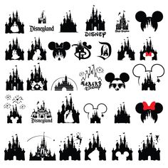 disney castle silhouettes are shown in black and white