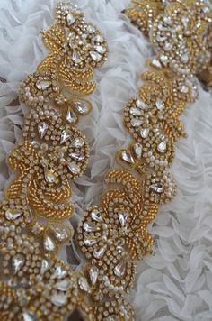 Gold Embellished Wedding Jewelry, Gold Beaded Bridal Belt For Party, Gold Embellished Wedding Sash, Gold Embellished Sashes For Wedding, Gold Embellished Bridal Accessories For Wedding, Gold Embroidered Bridal Belt For Wedding, Gold Crystal Bridal Belt For Party, Gold Crystal Bridal Belt For Wedding, Long Trim