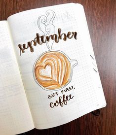 an open notebook with a drawing of a cup of coffee