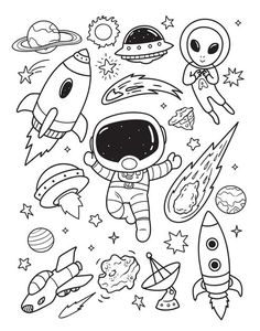 an astronaut coloring page with space and rockets