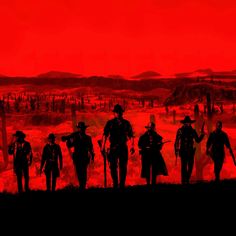 silhouettes of soldiers walking in the desert under red skies with hills and trees behind them